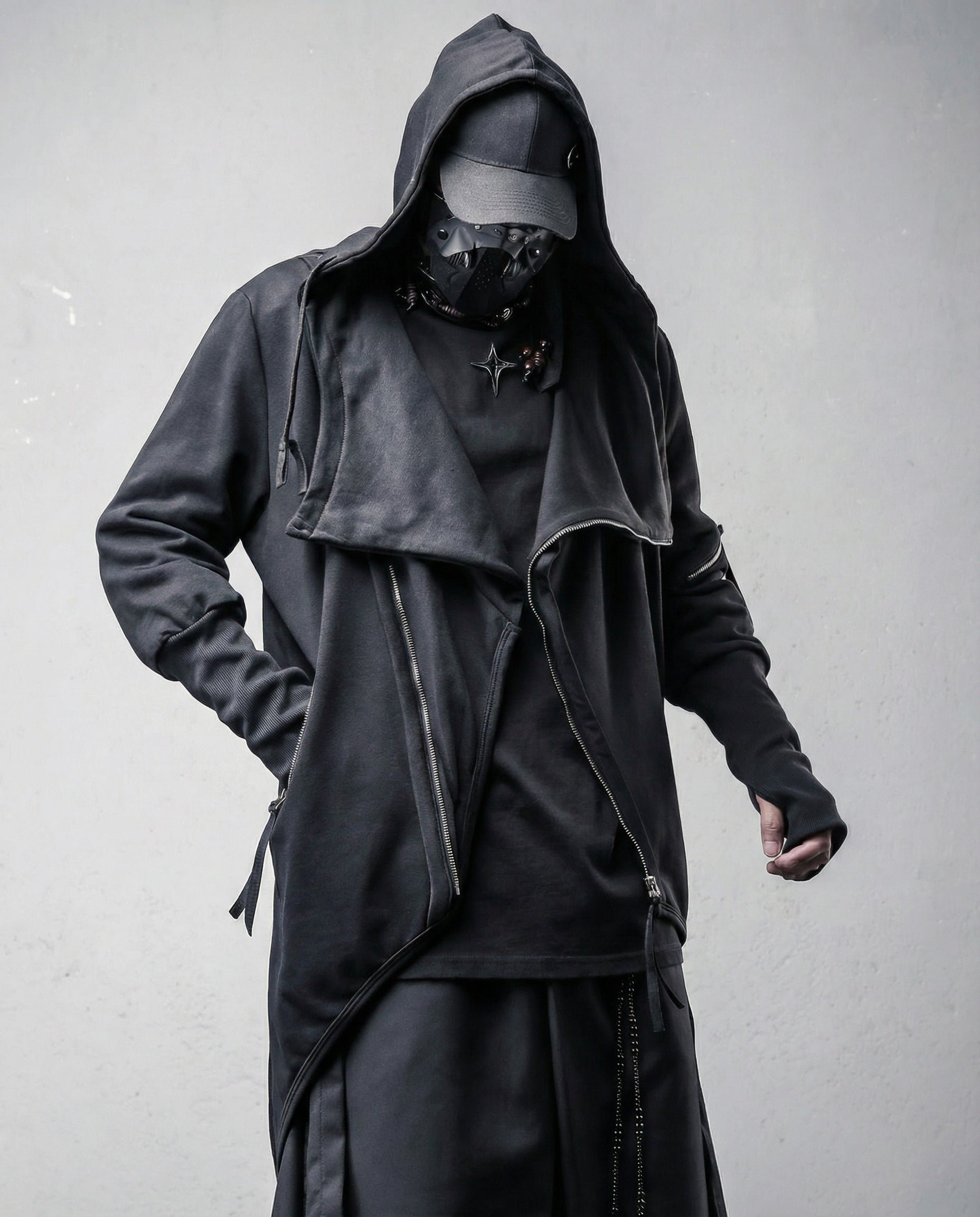 Asymmetrical Diagonal Zipper Hooded Cloak - Techwear Darkwear