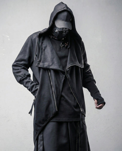 Asymmetrical Diagonal Zipper Hooded Cloak - Techwear Darkwear
