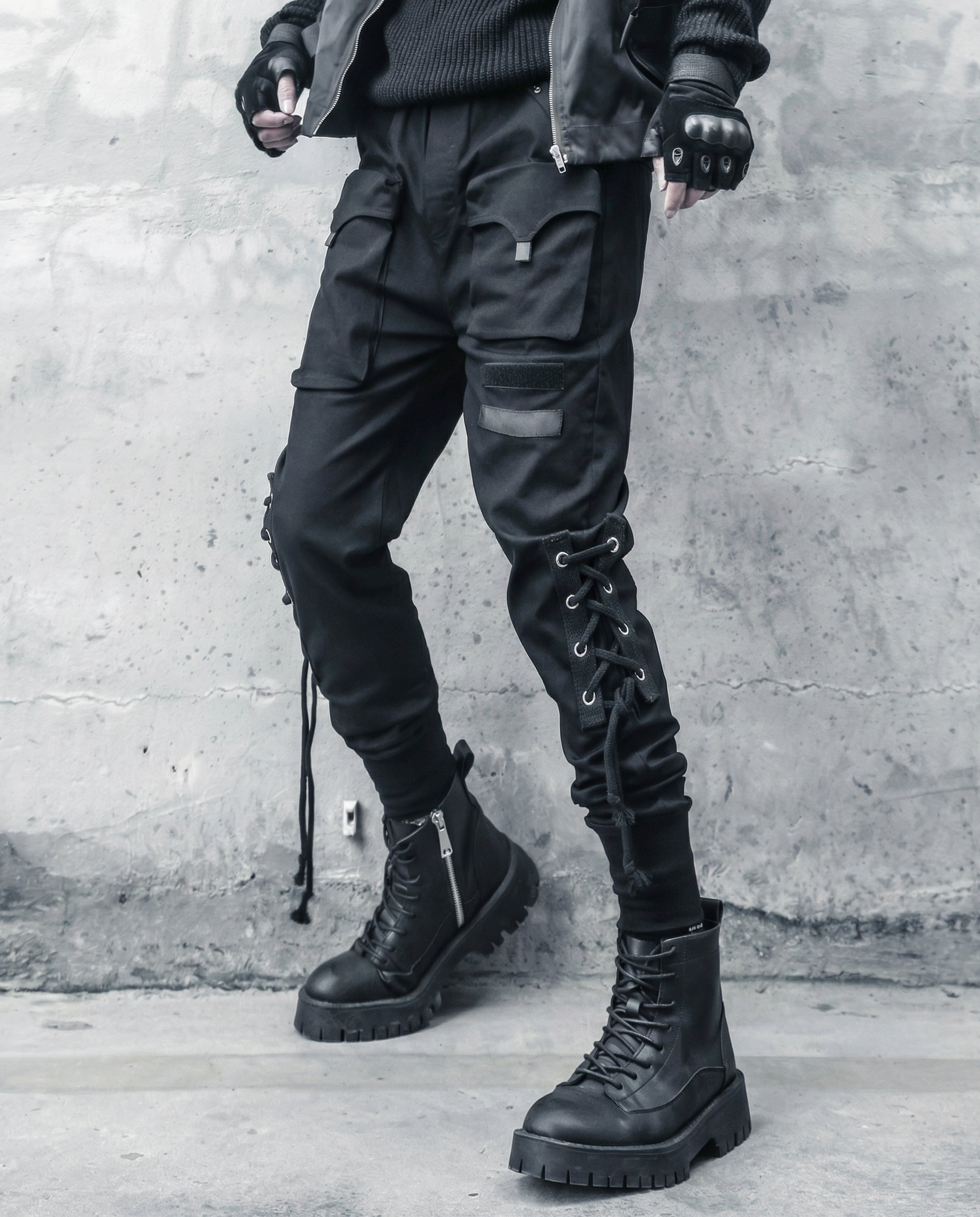 Lace-up Techwear Cargo Joggers - Slim Fit Darkwear Pants