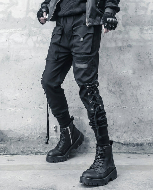 Lace-up Techwear Cargo Joggers - Slim Fit Darkwear Pants