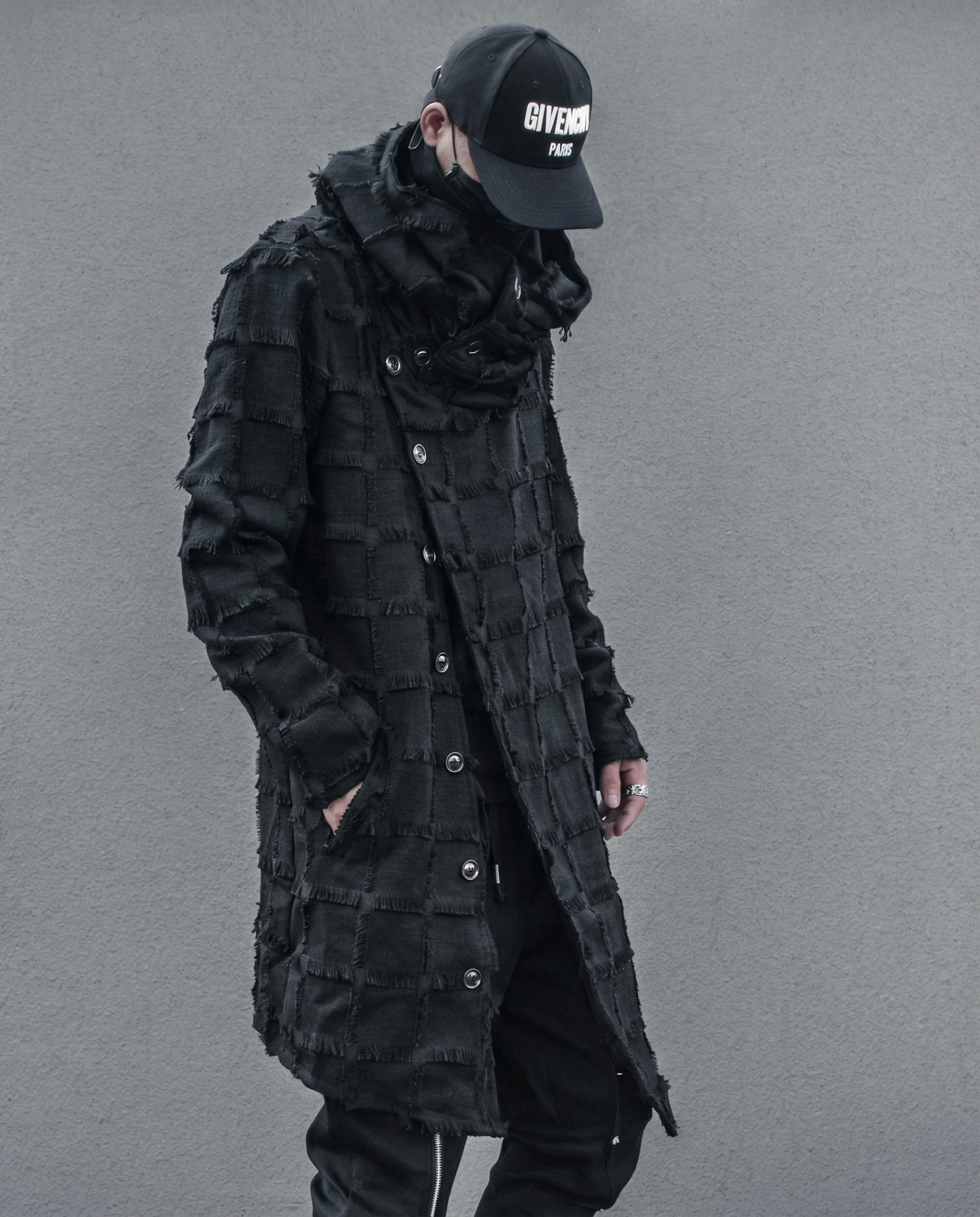 Frayed Grid Asymmetric Trench Coat - Darkwear Techwear