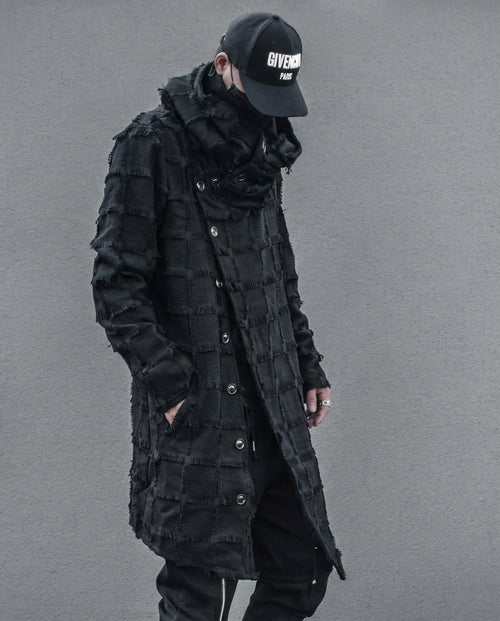 Frayed Grid Asymmetric Trench Coat - Darkwear Techwear