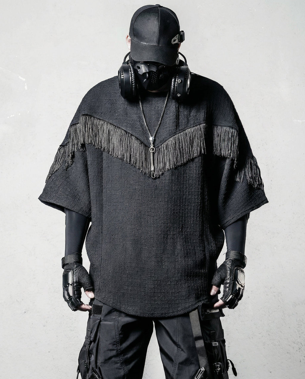 Fringe Patchwork Batwing T-Shirt - Oversized Techwear Top