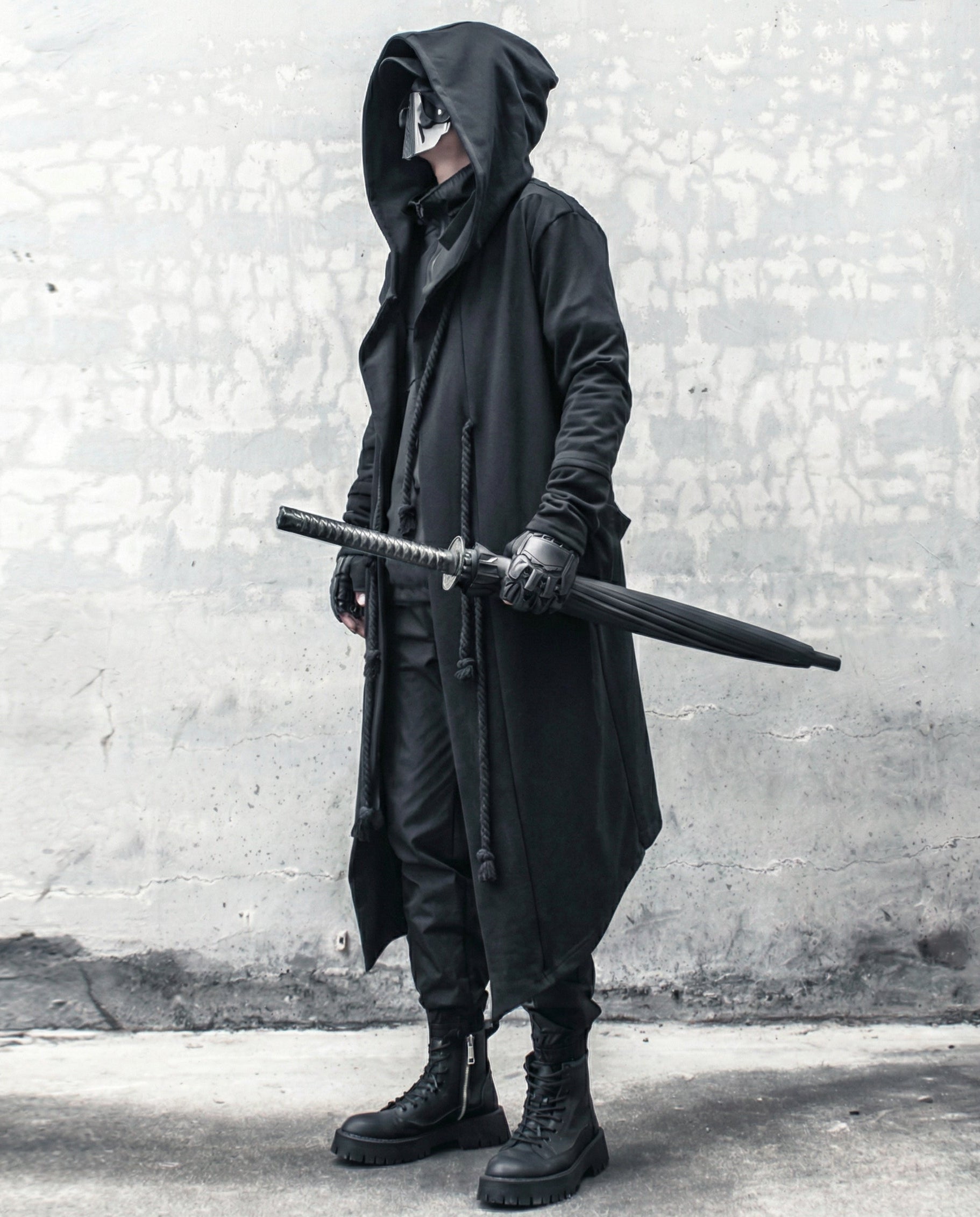 Dark Samurai Hooded Cloak Coat - Techwear Longline Cardigan