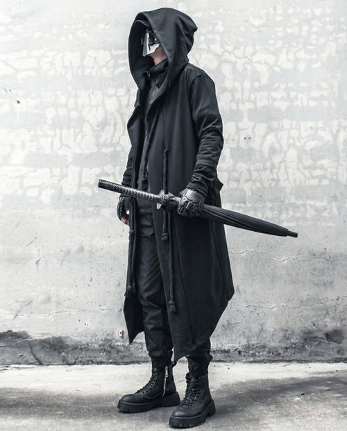 Dark Samurai Hooded Cloak Coat - Techwear Longline Cardigan