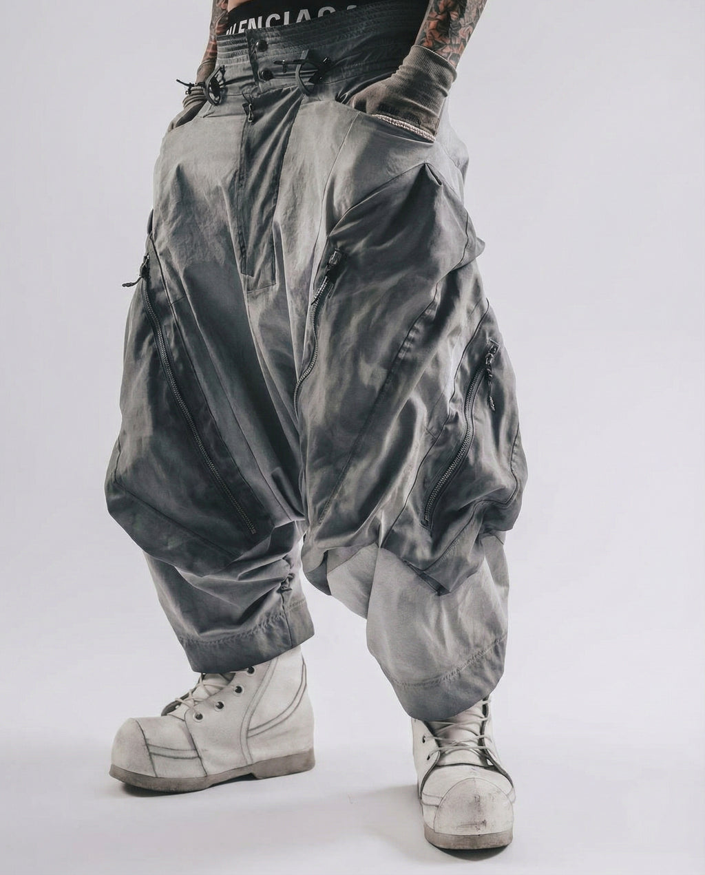 Washed Layered Zipper Drop-Crotch Cargo Pants Techwear