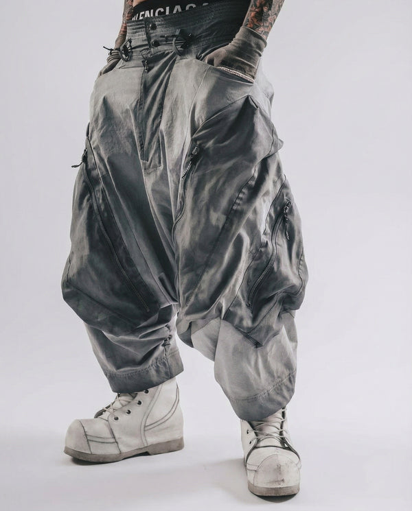 Washed Layered Zipper Drop-Crotch Cargo Pants