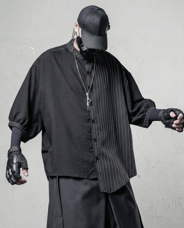 Dark Techwear Asymmetrical Deconstructed Pinstripe Shirt