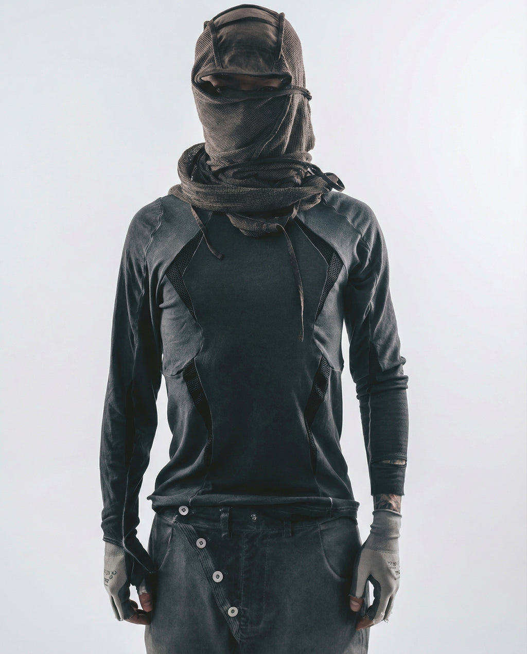 Geometric Mesh Patchwork Distressed Mock Neck Techwear Top