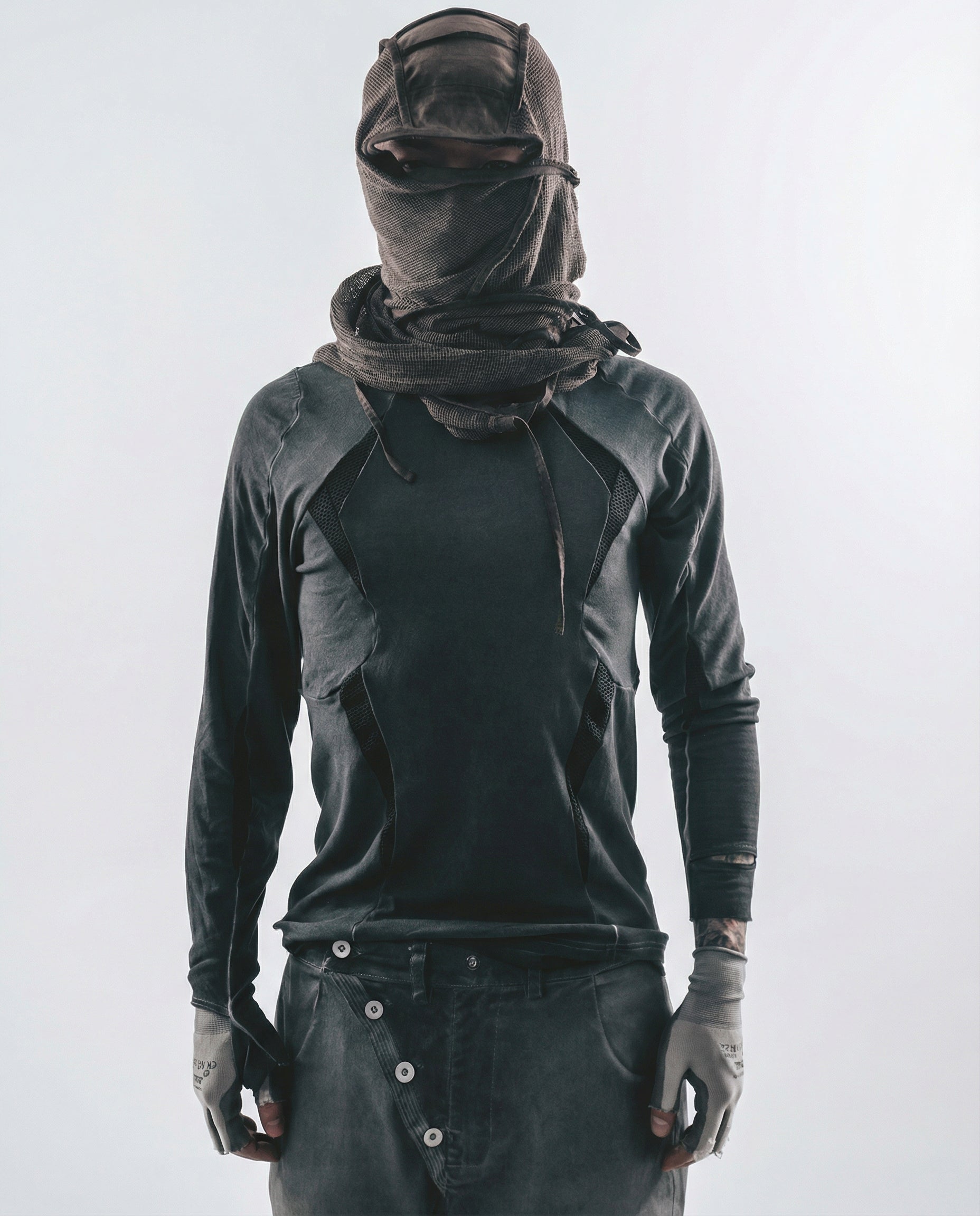 Geometric Mesh Patchwork Distressed Mock Neck Techwear Top