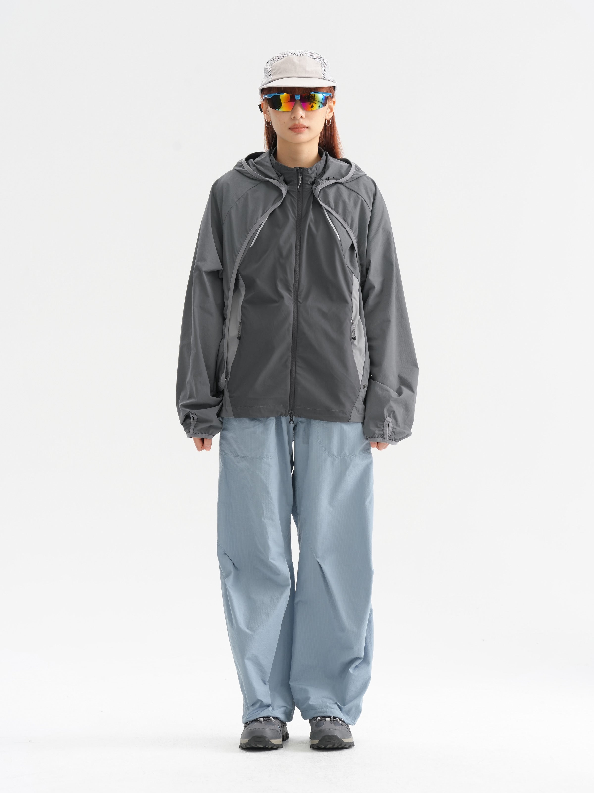 Gray jacket — front view showing the two-layer construction and full length