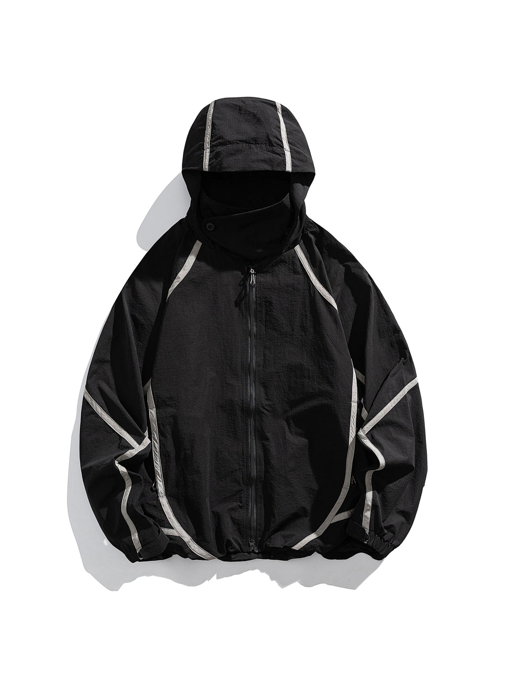 Black jacket — flat front view with the hood, sleeves and hem laid out