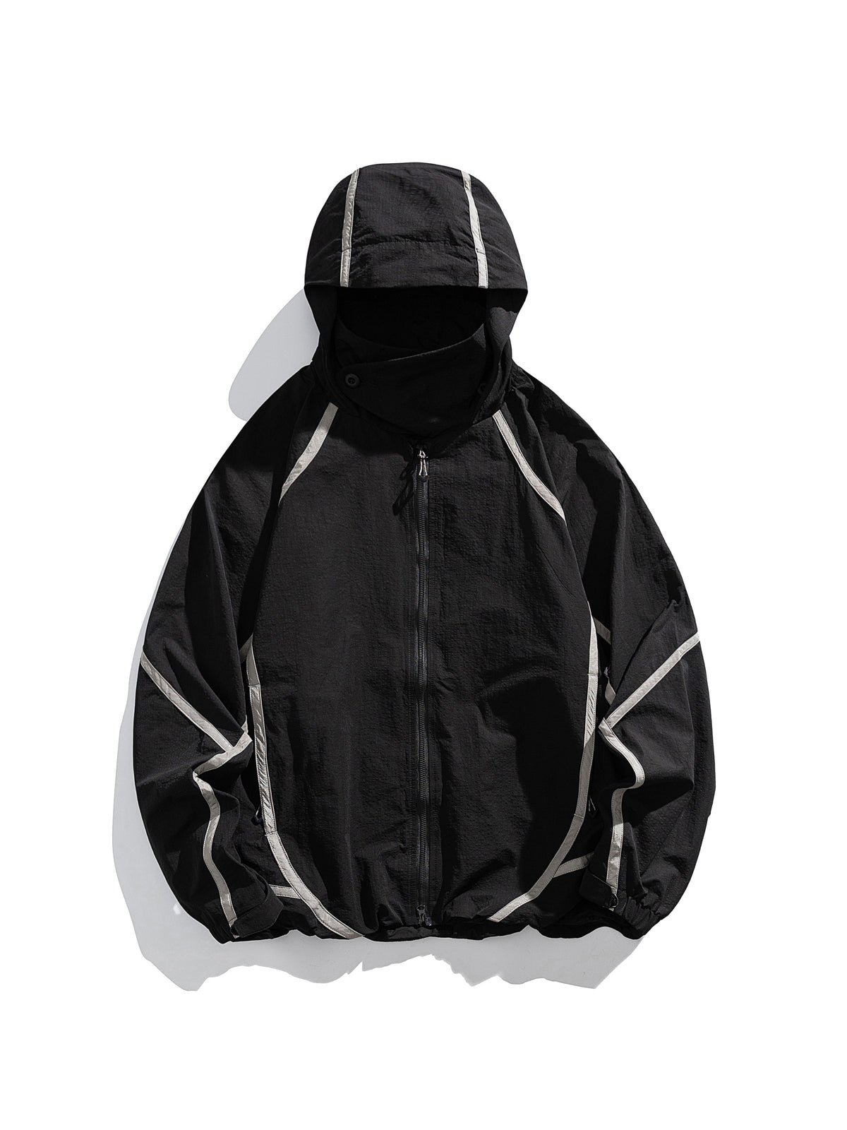 Black jacket — flat front view with the hood, sleeves and hem laid out