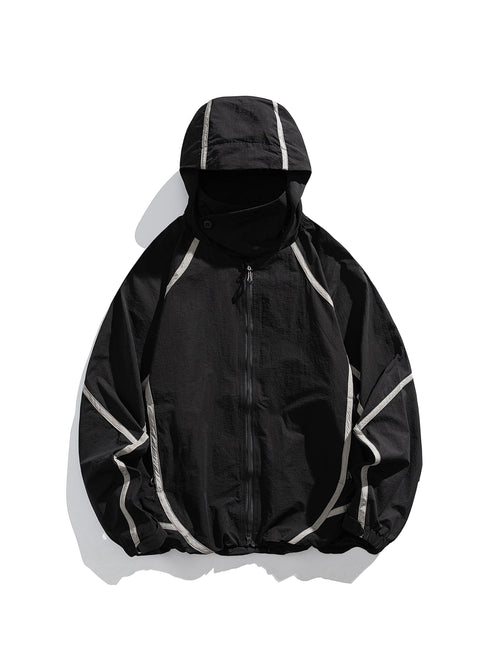 Black jacket — flat front view with the hood, sleeves and hem laid out