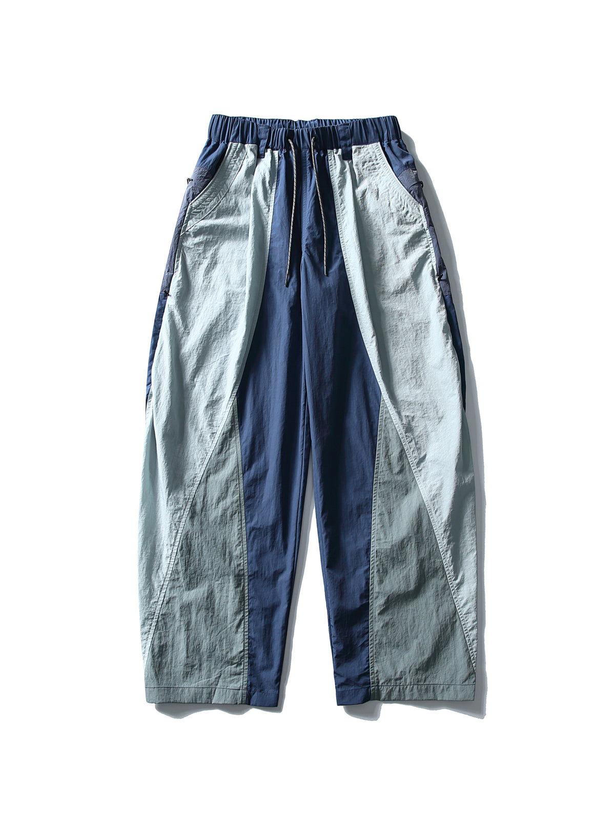 Blue hiking pants — flat front view showing the two blue tones and full leg shape