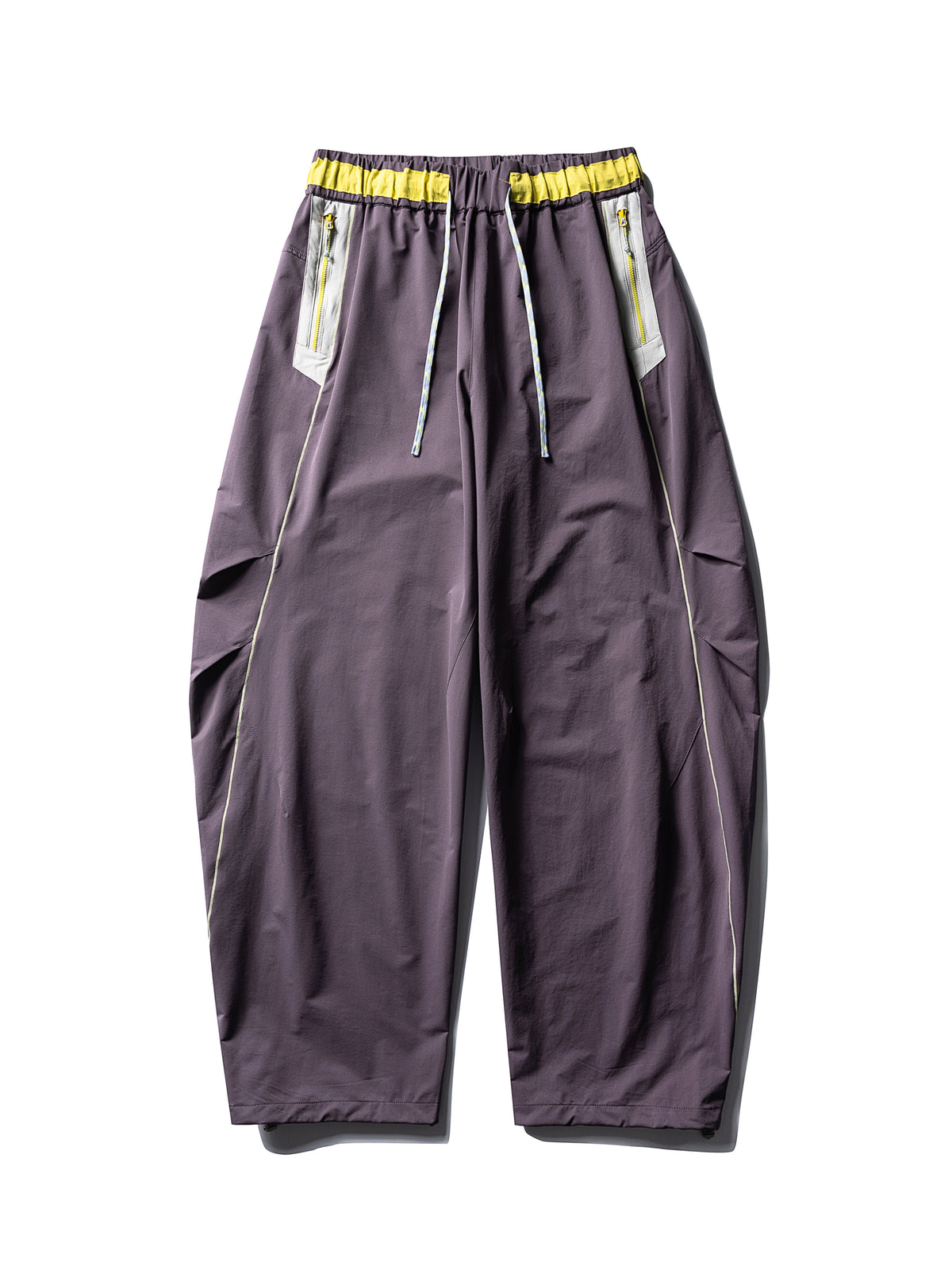 Deep Purple hiking pants — flat front view showing the waistband and open leg hems