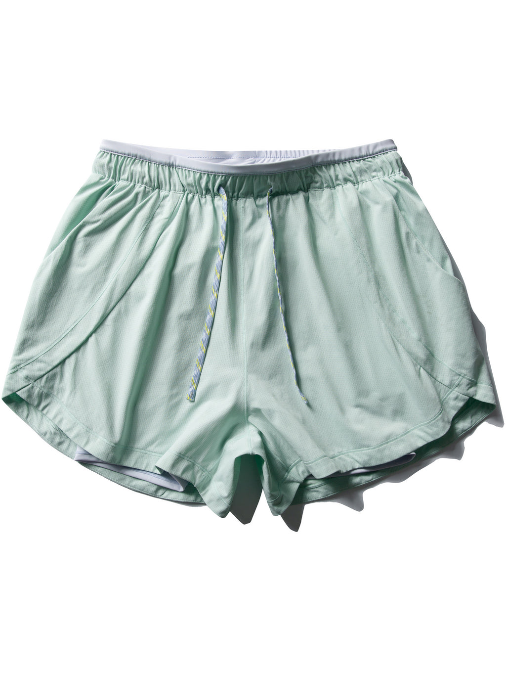 Green hiking shorts — flat front view showing the waistband and layered leg openings