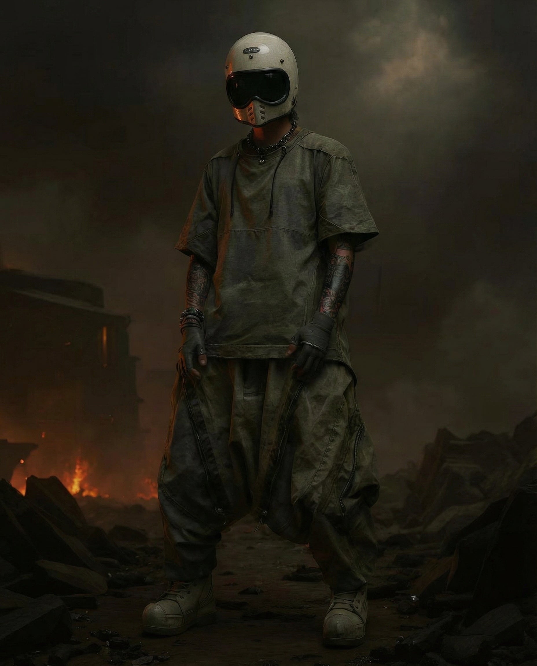 Washed Layered Zipper Drop-Crotch Cargo Pants Techwear