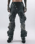 Distressed Spiderweb Flared Cargo Pants Techwear
