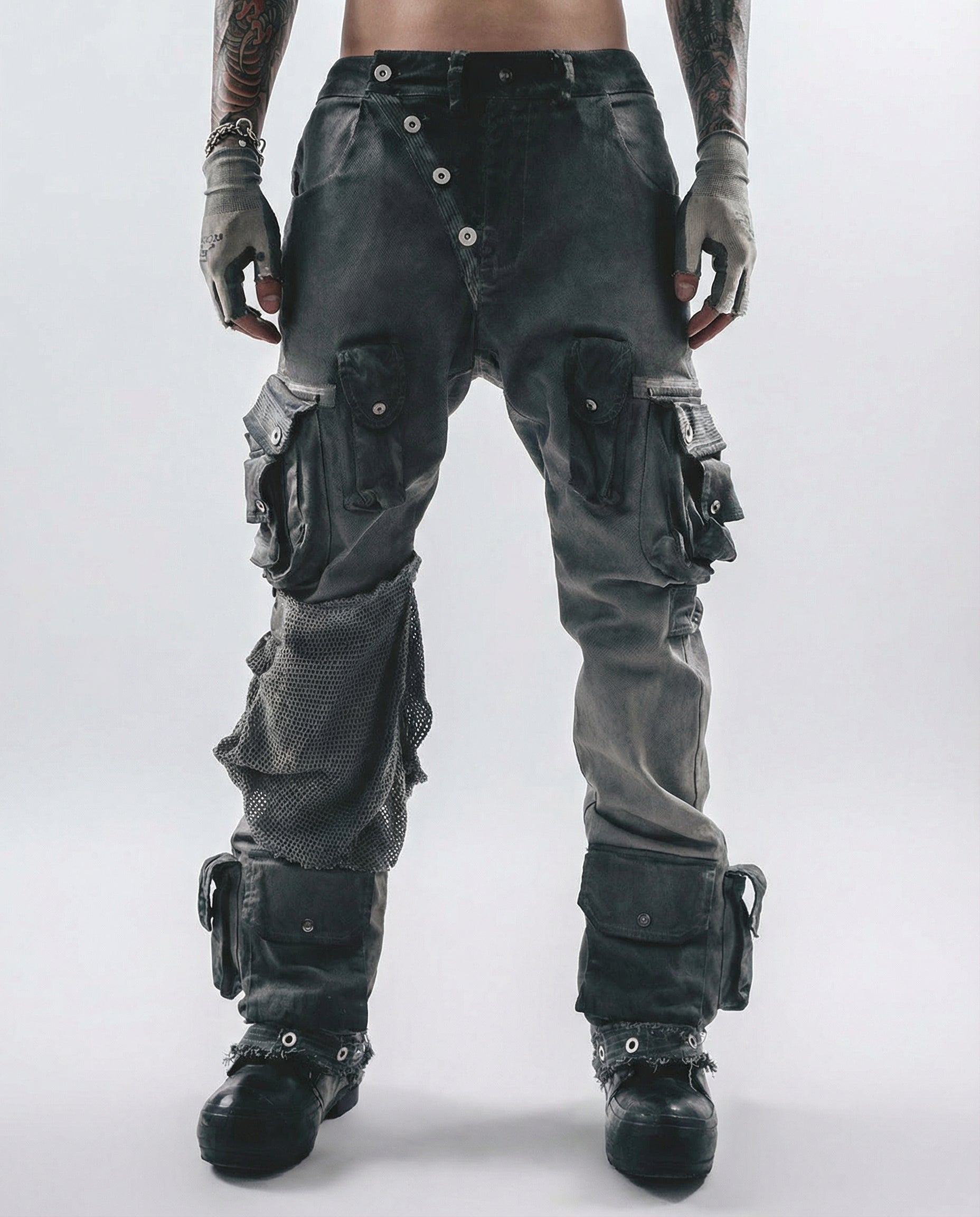 Distressed Spiderweb Flared Cargo Pants Techwear
