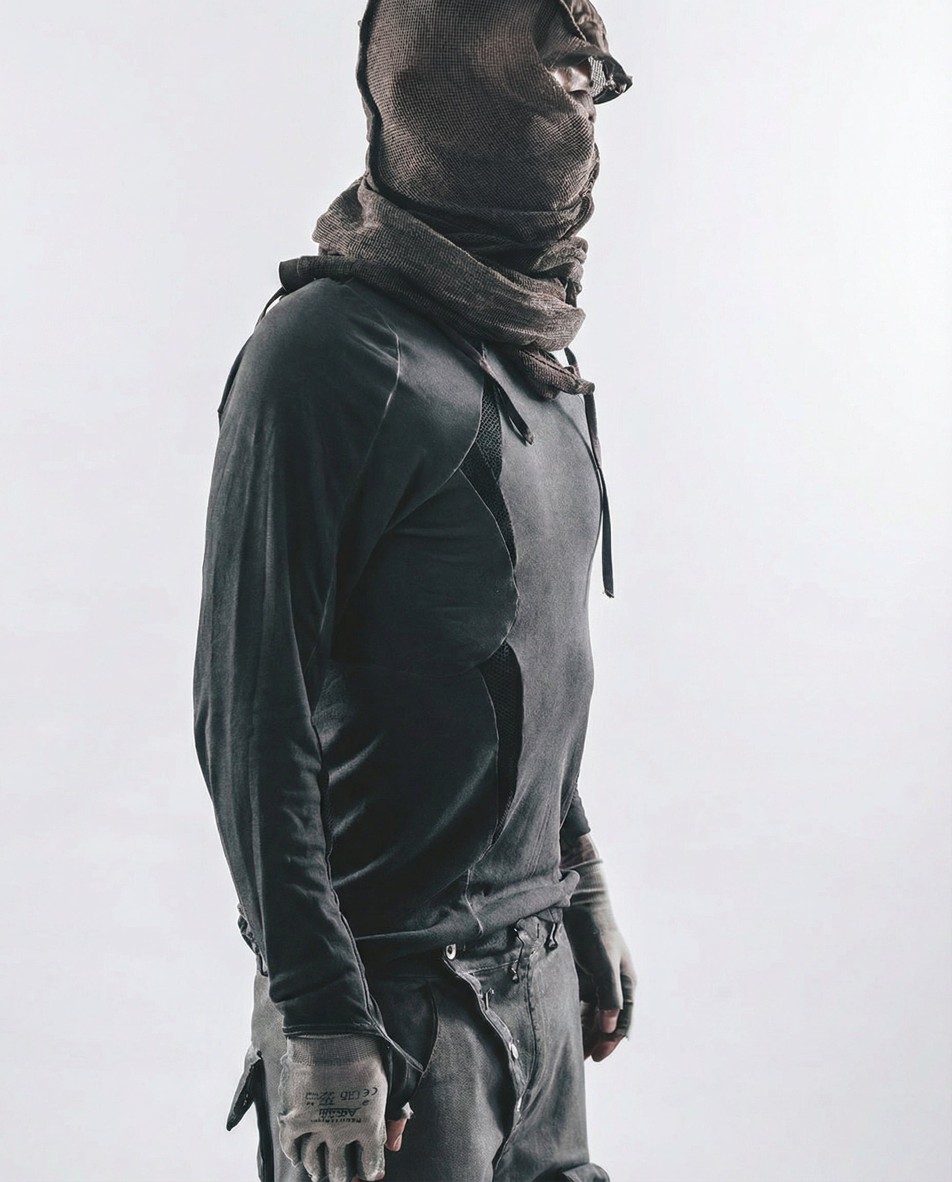 Geometric Mesh Patchwork Distressed Mock Neck Techwear Top