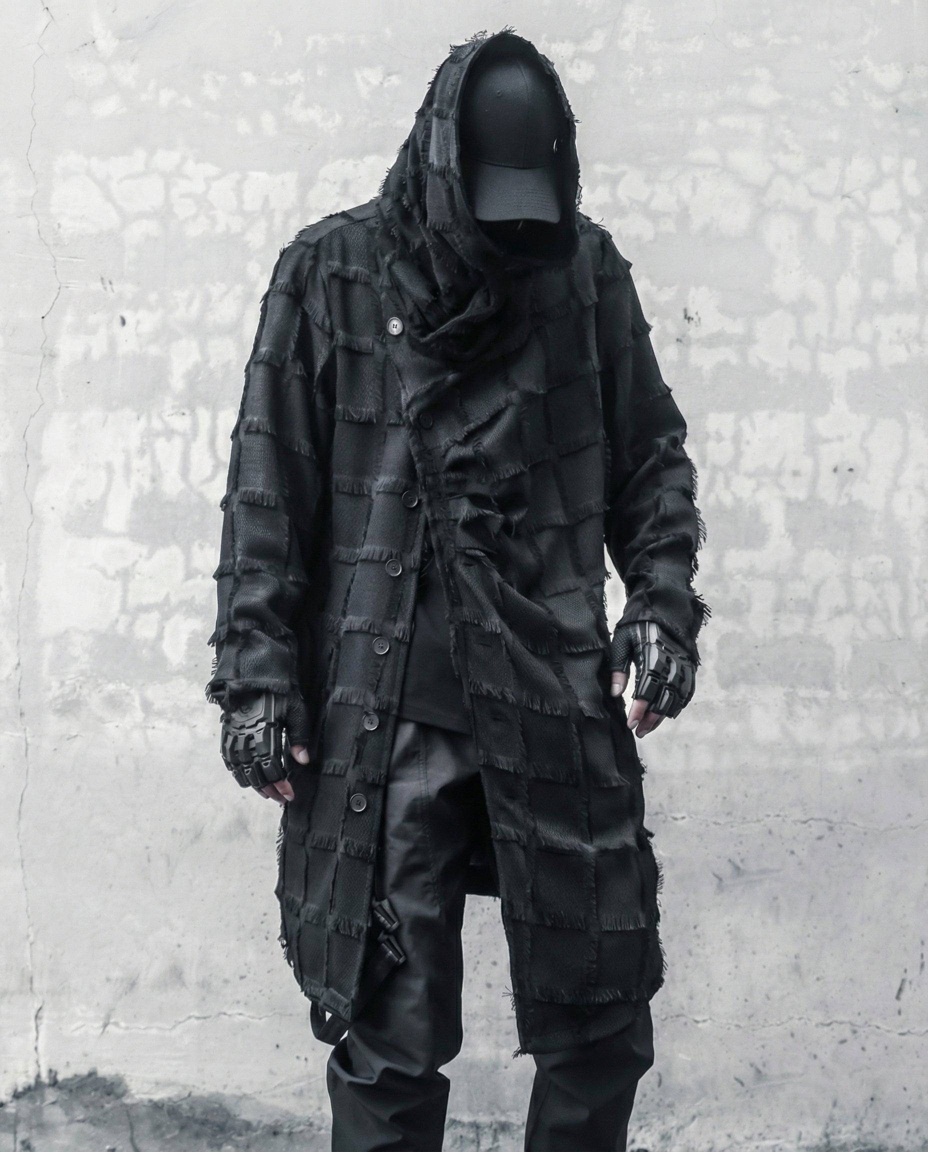 Frayed Grid Asymmetric Trench Coat - Darkwear Techwear