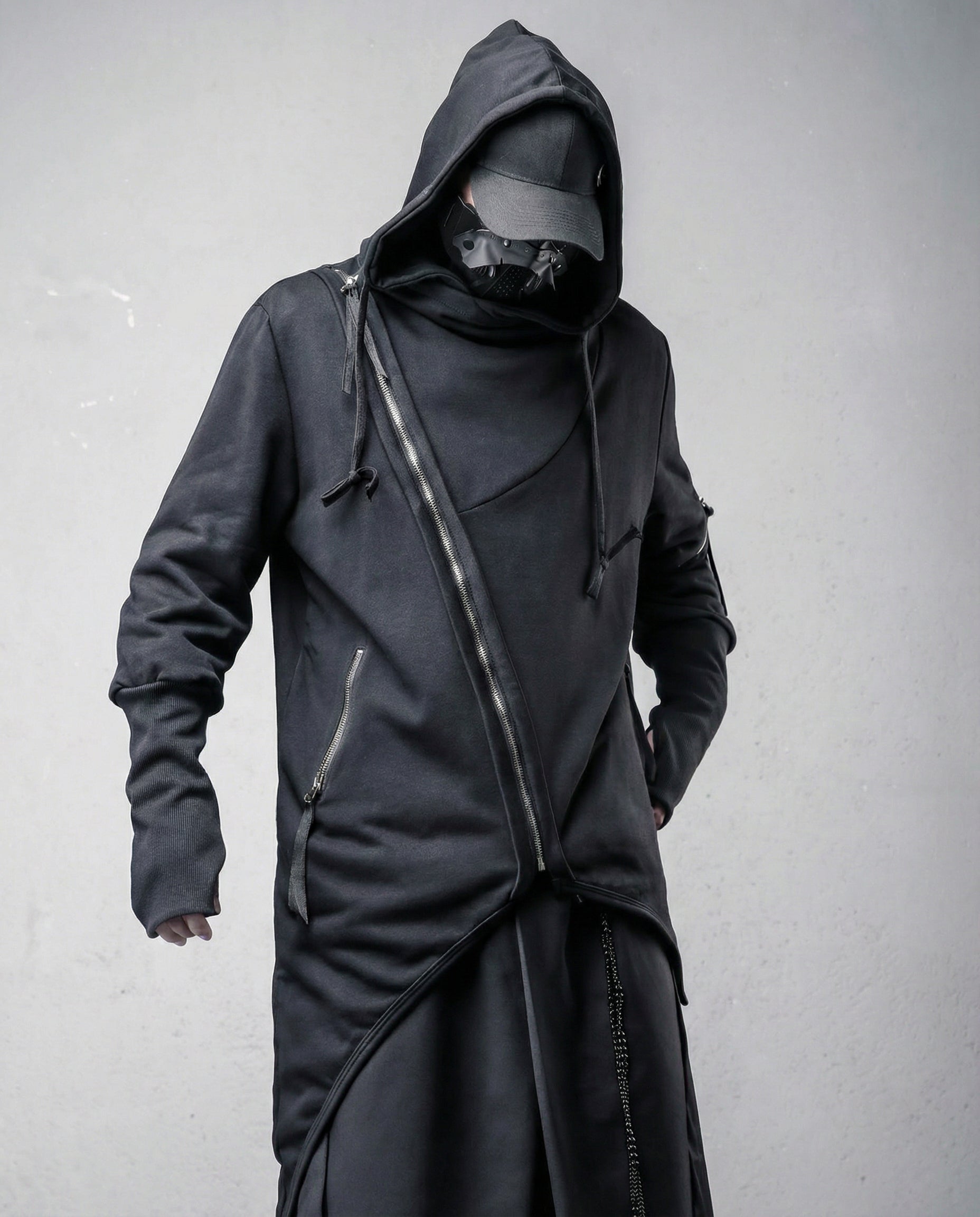Asymmetrical Diagonal Zipper Hooded Cloak - Techwear Darkwear