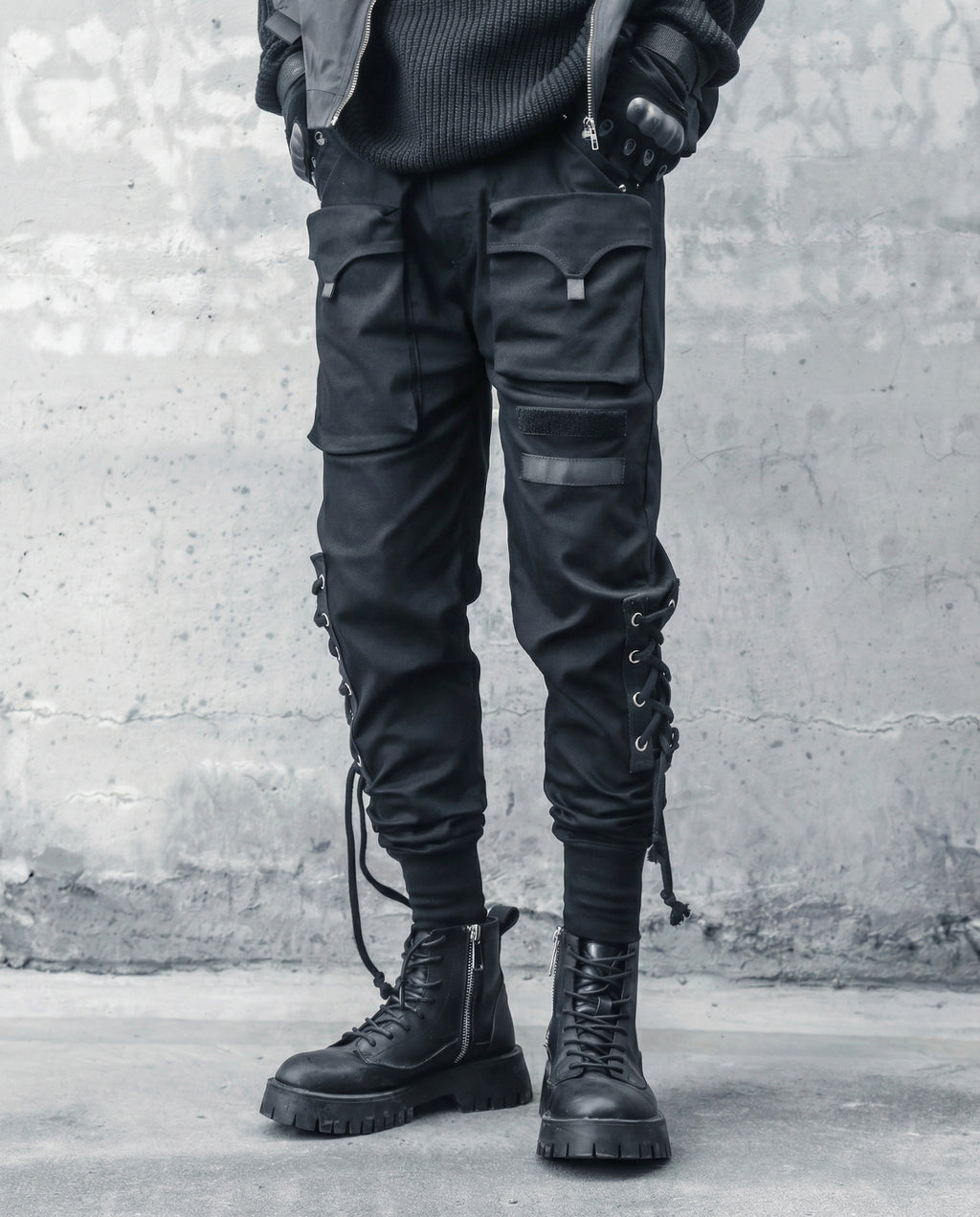 Lace-up Techwear Cargo Joggers - Slim Fit Darkwear Pants