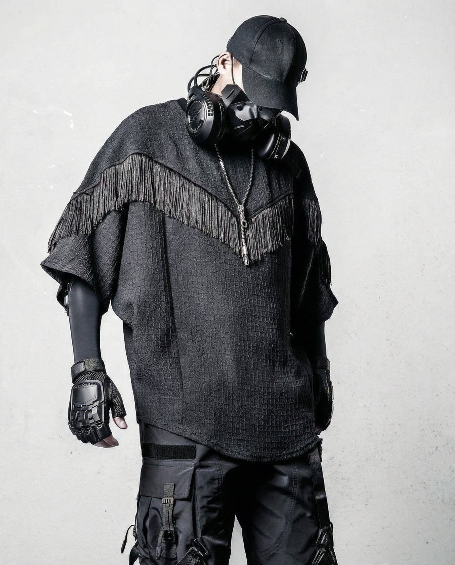 Fringe Patchwork Batwing T-Shirt - Oversized Techwear Top