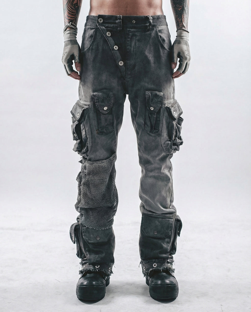 Distressed Spiderweb Flared Cargo Pants Techwear