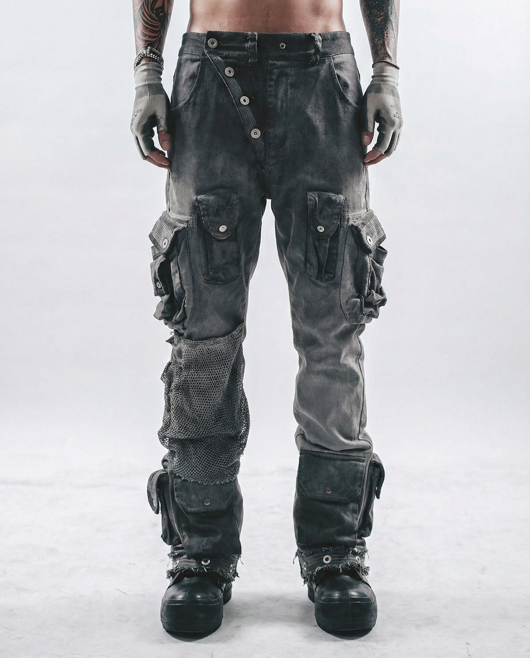 Distressed Spiderweb Flared Cargo Pants Techwear