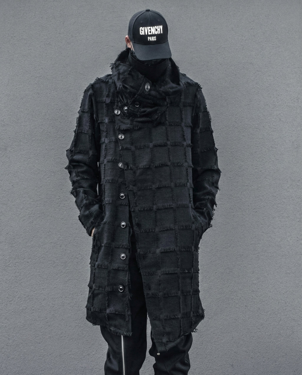 Frayed Grid Asymmetric Trench Coat - Darkwear Techwear