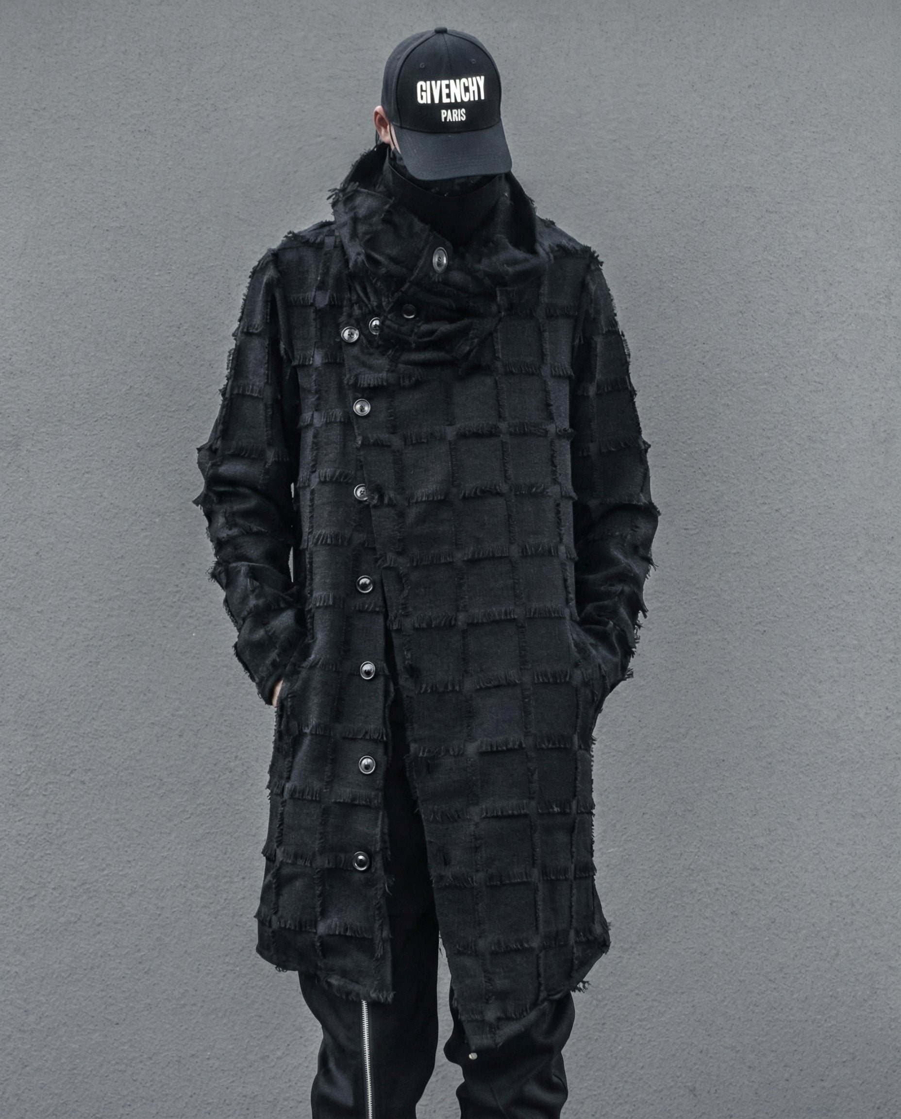 Frayed Grid Asymmetric Trench Coat - Darkwear Techwear