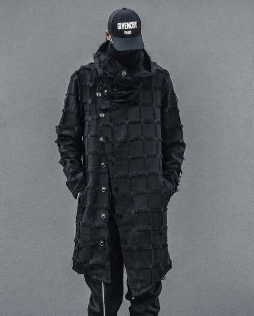 Frayed Grid Asymmetric Trench Coat - Darkwear Techwear