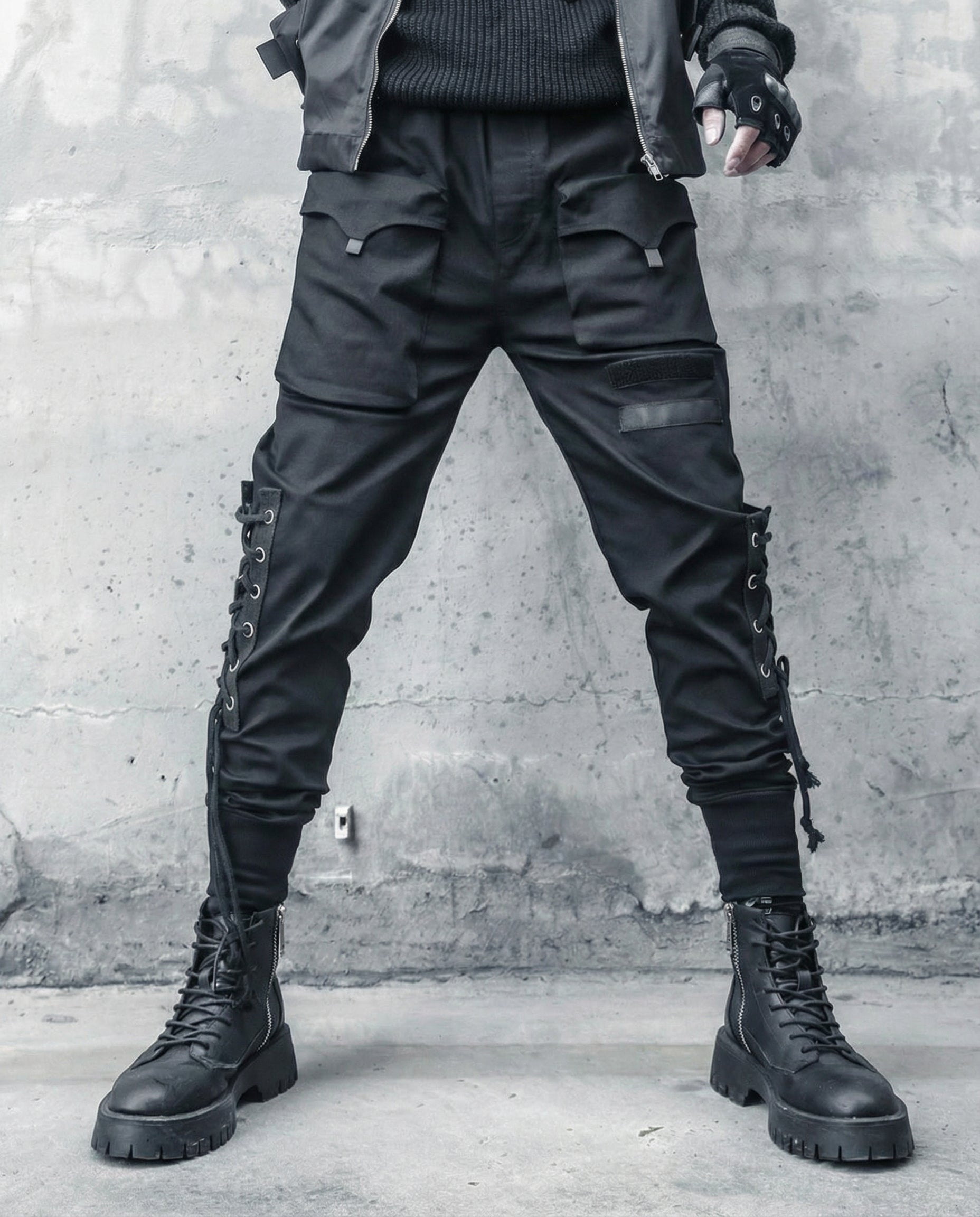 Lace-up Techwear Cargo Joggers - Slim Fit Darkwear Pants