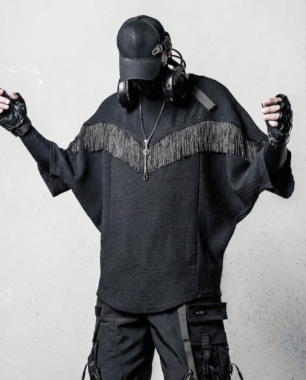 Fringe Patchwork Batwing T-Shirt - Oversized Techwear Top