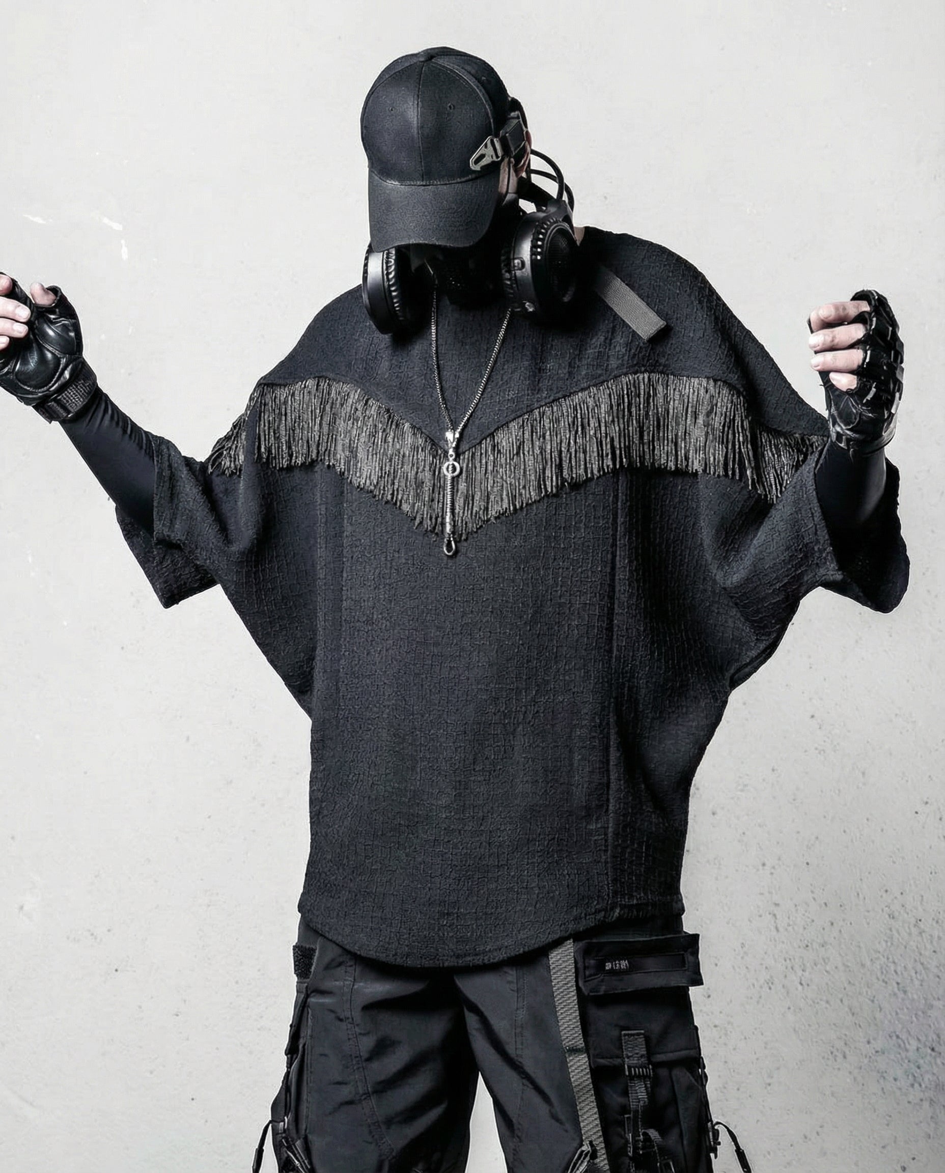 Fringe Patchwork Batwing T-Shirt - Oversized Techwear Top