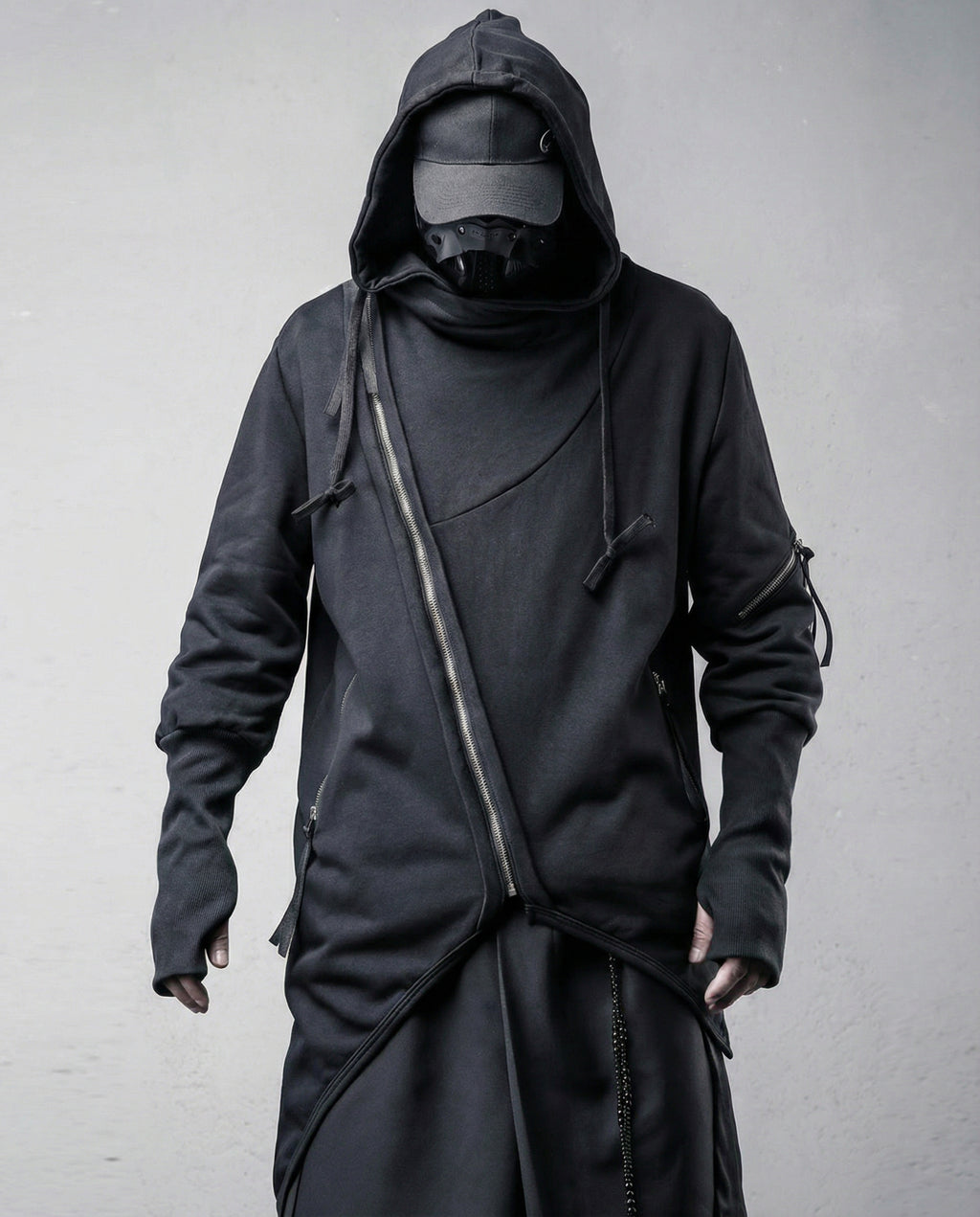 Asymmetrical Diagonal Zipper Hooded Cloak - Techwear Darkwear