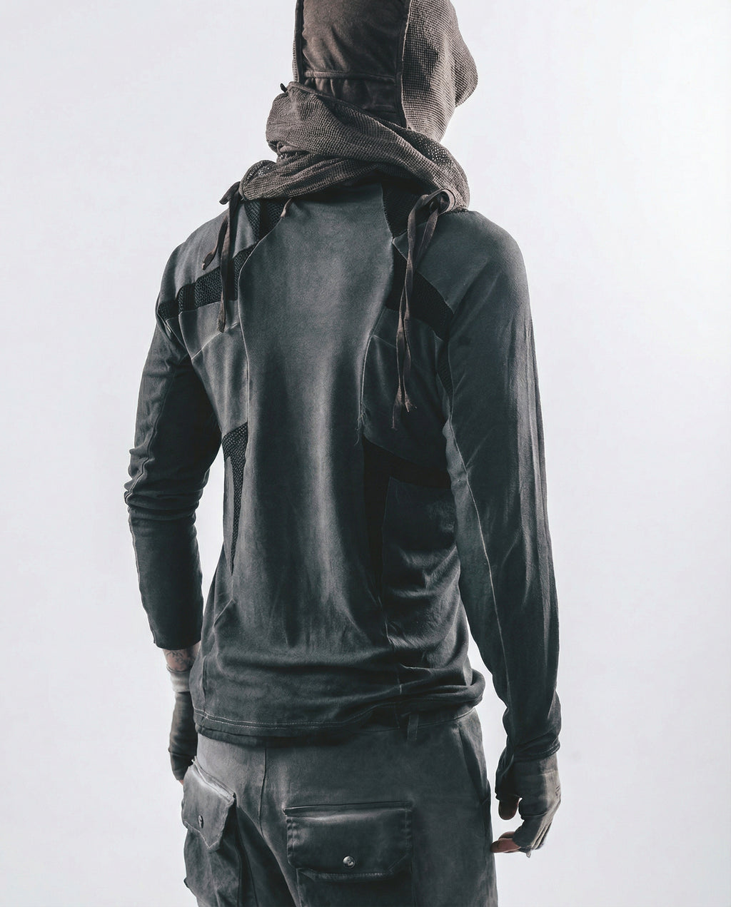 Geometric Mesh Patchwork Distressed Mock Neck Techwear Top