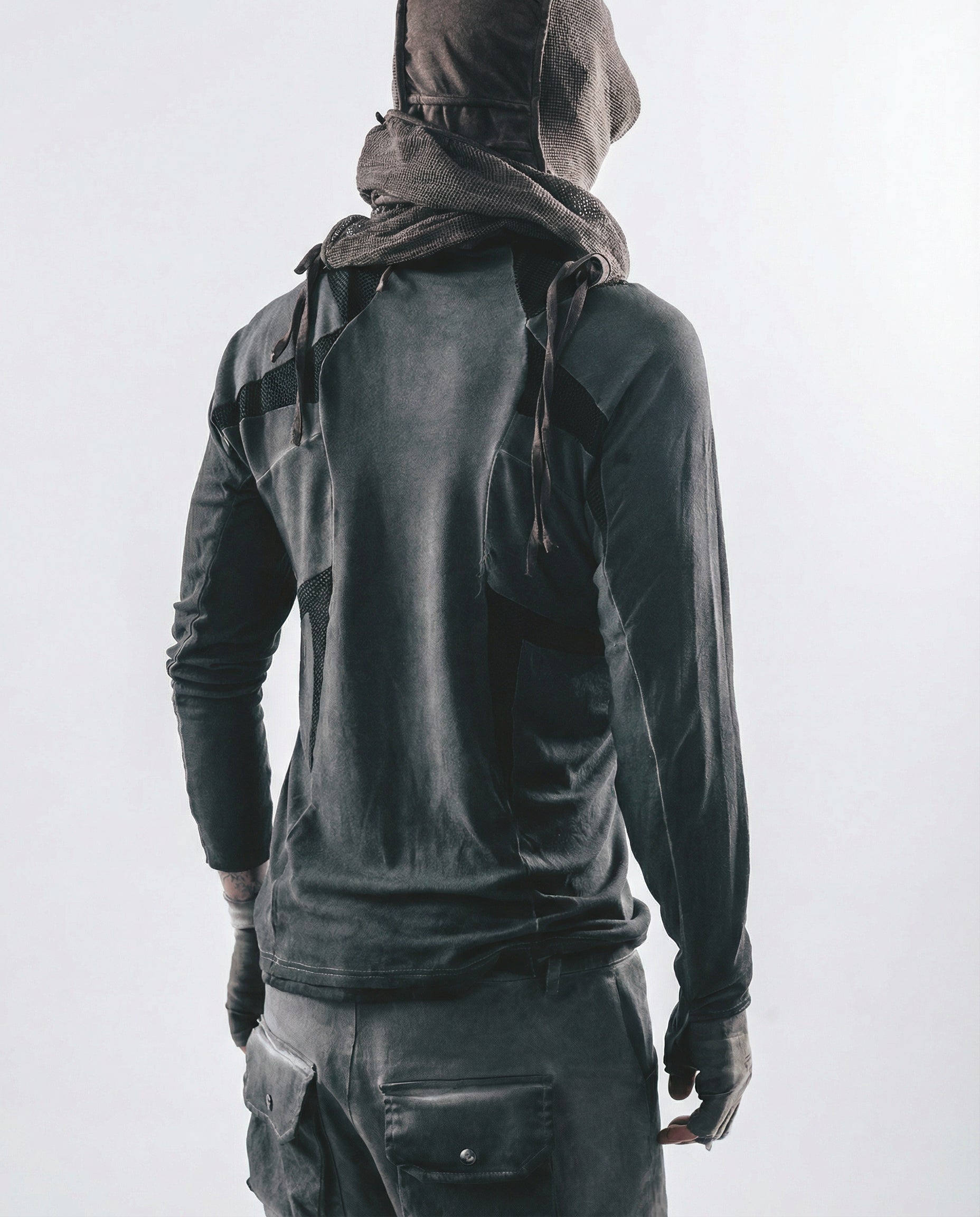 Geometric Mesh Patchwork Distressed Mock Neck Techwear Top