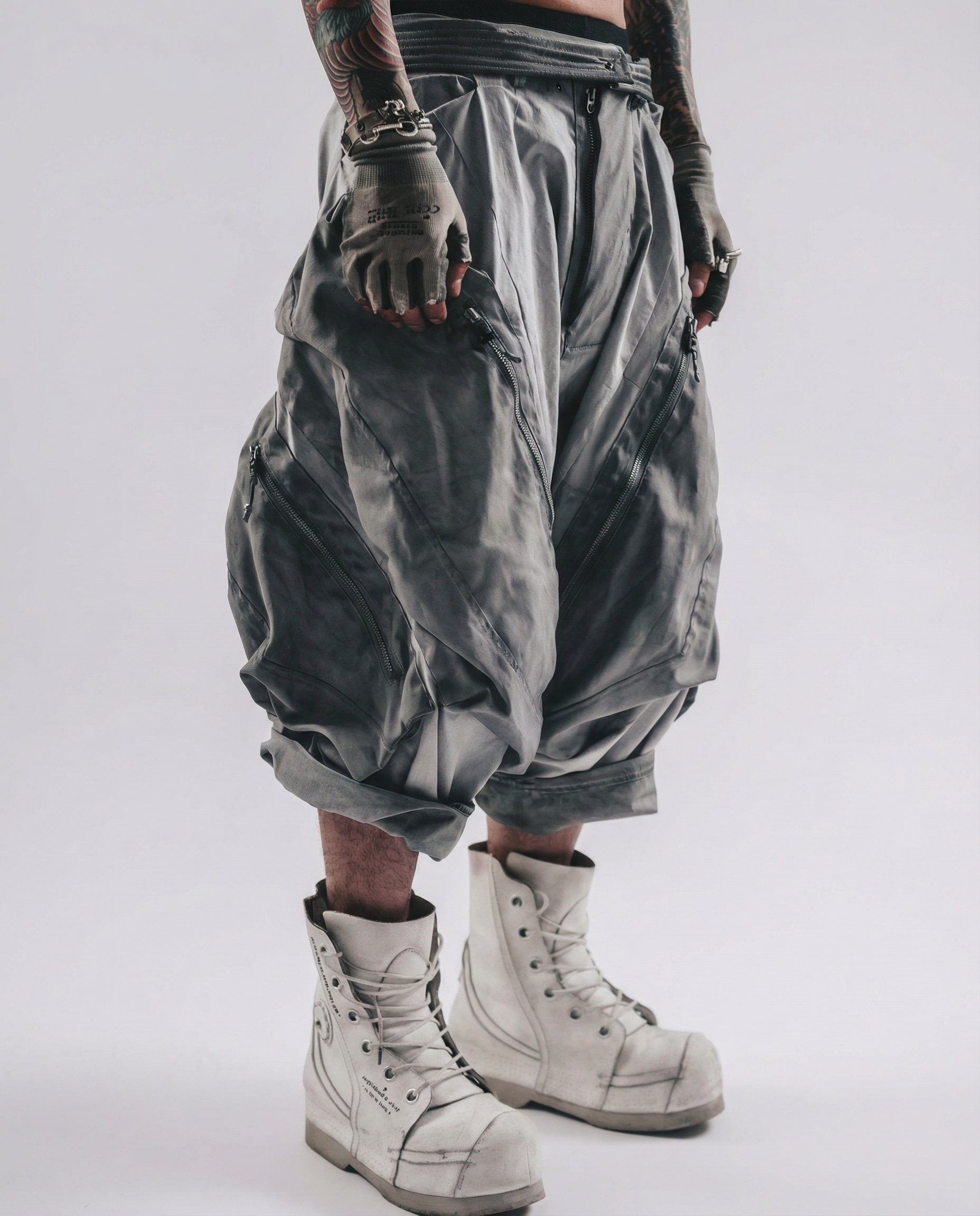 Washed Layered Zipper Drop-Crotch Cargo Pants Techwear