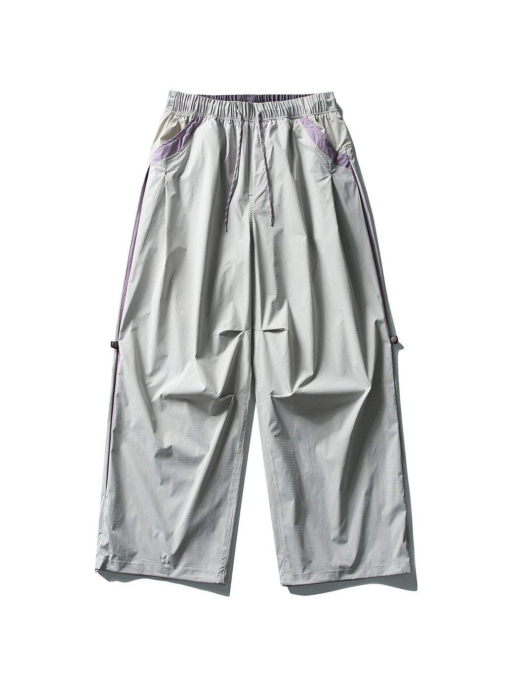 Light Gray hiking pants — flat front view showing the open legs and purple pocket trim