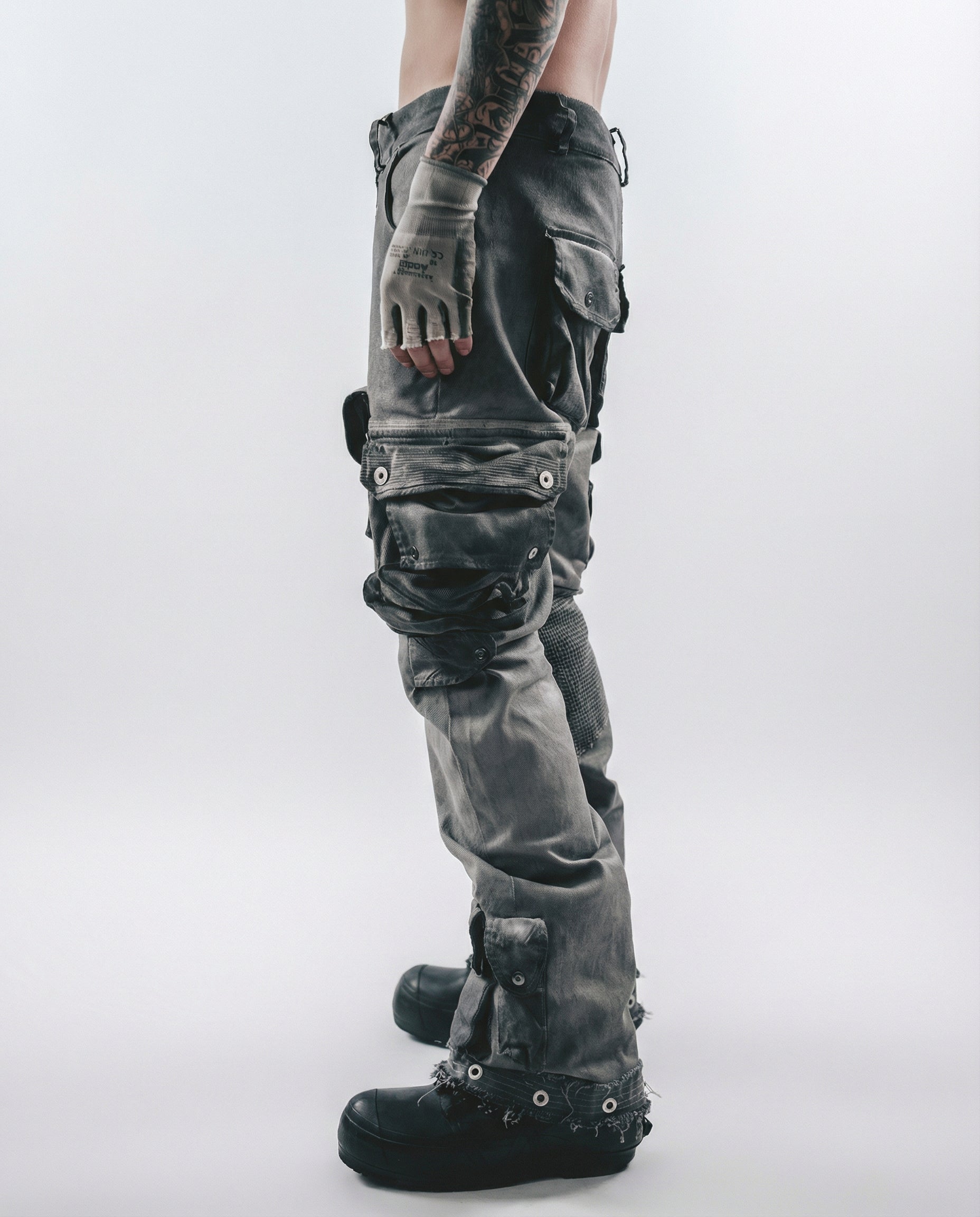 Distressed Spiderweb Flared Cargo Pants Techwear