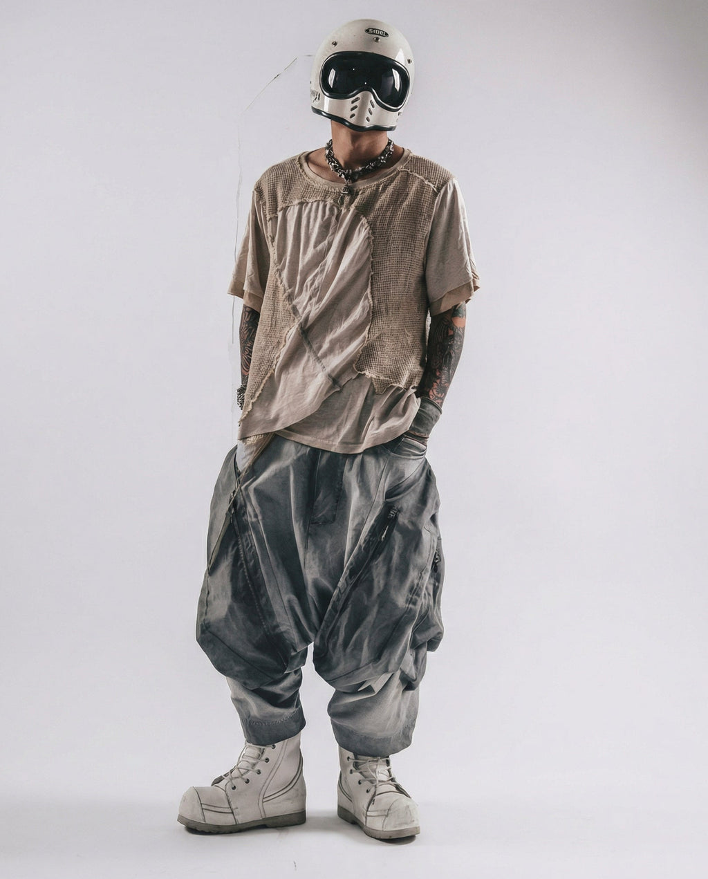 Washed Layered Zipper Drop-Crotch Cargo Pants Techwear