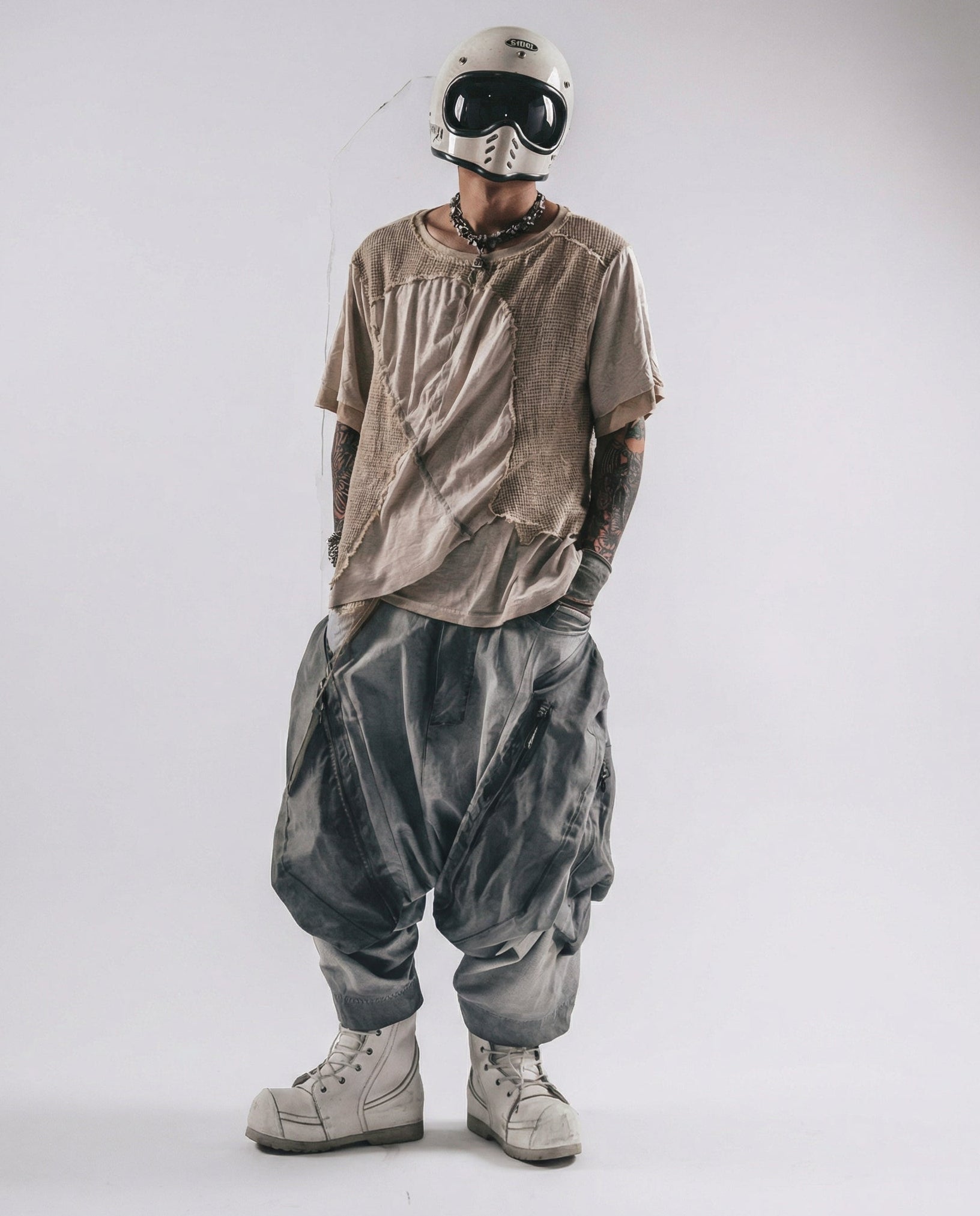 Washed Layered Zipper Drop-Crotch Cargo Pants Techwear
