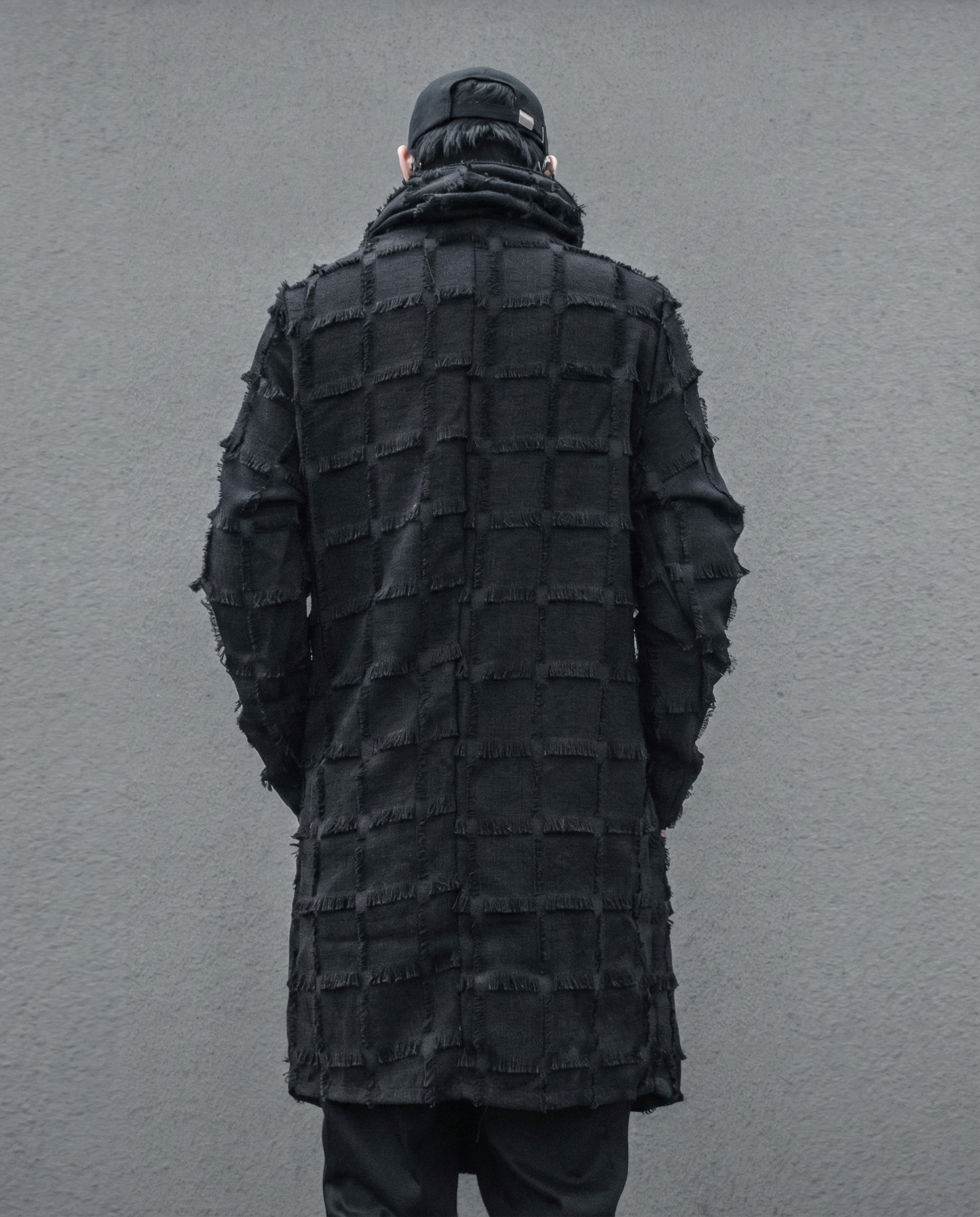 Frayed Grid Asymmetric Trench Coat - Darkwear Techwear
