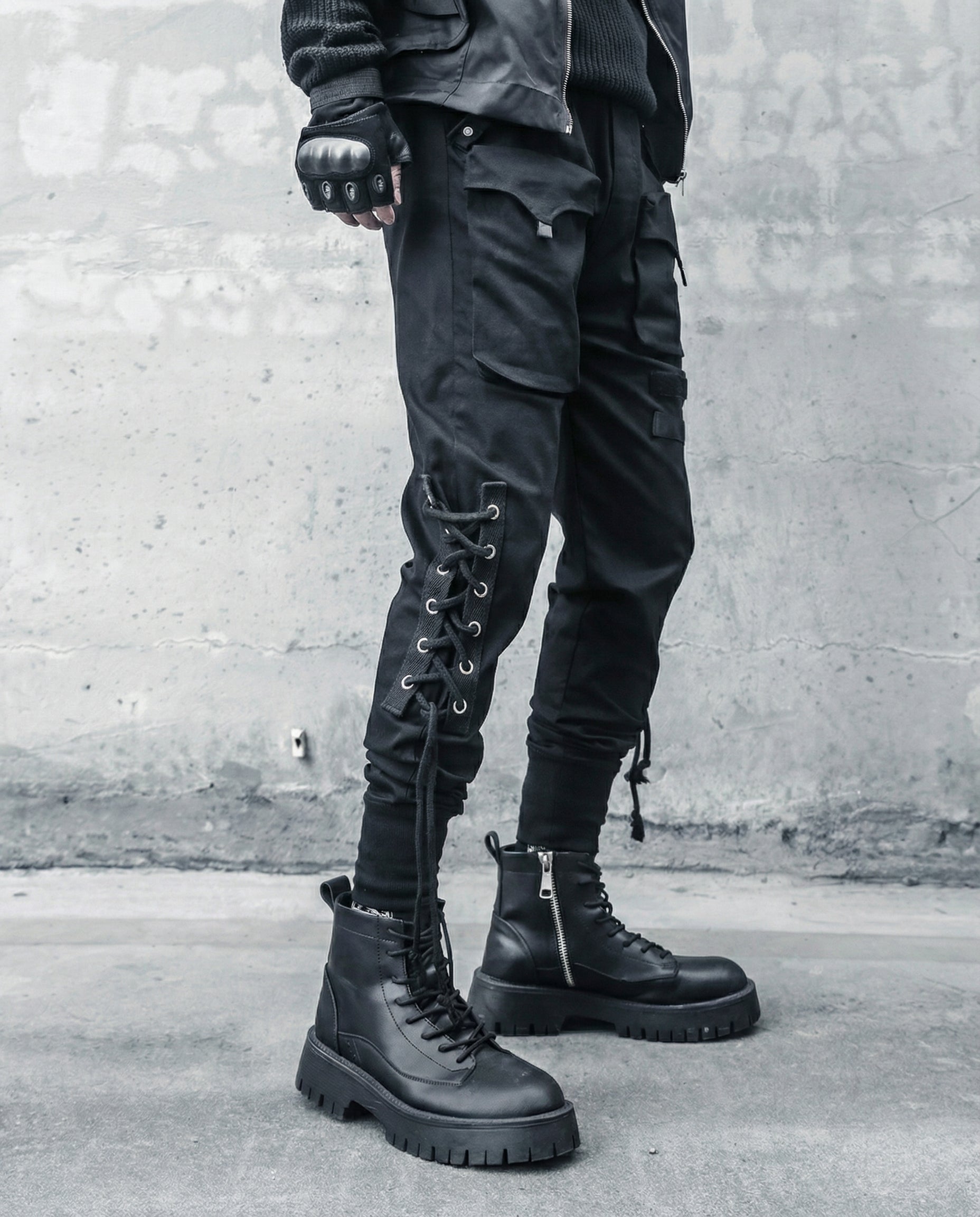 Lace-up Techwear Cargo Joggers - Slim Fit Darkwear Pants