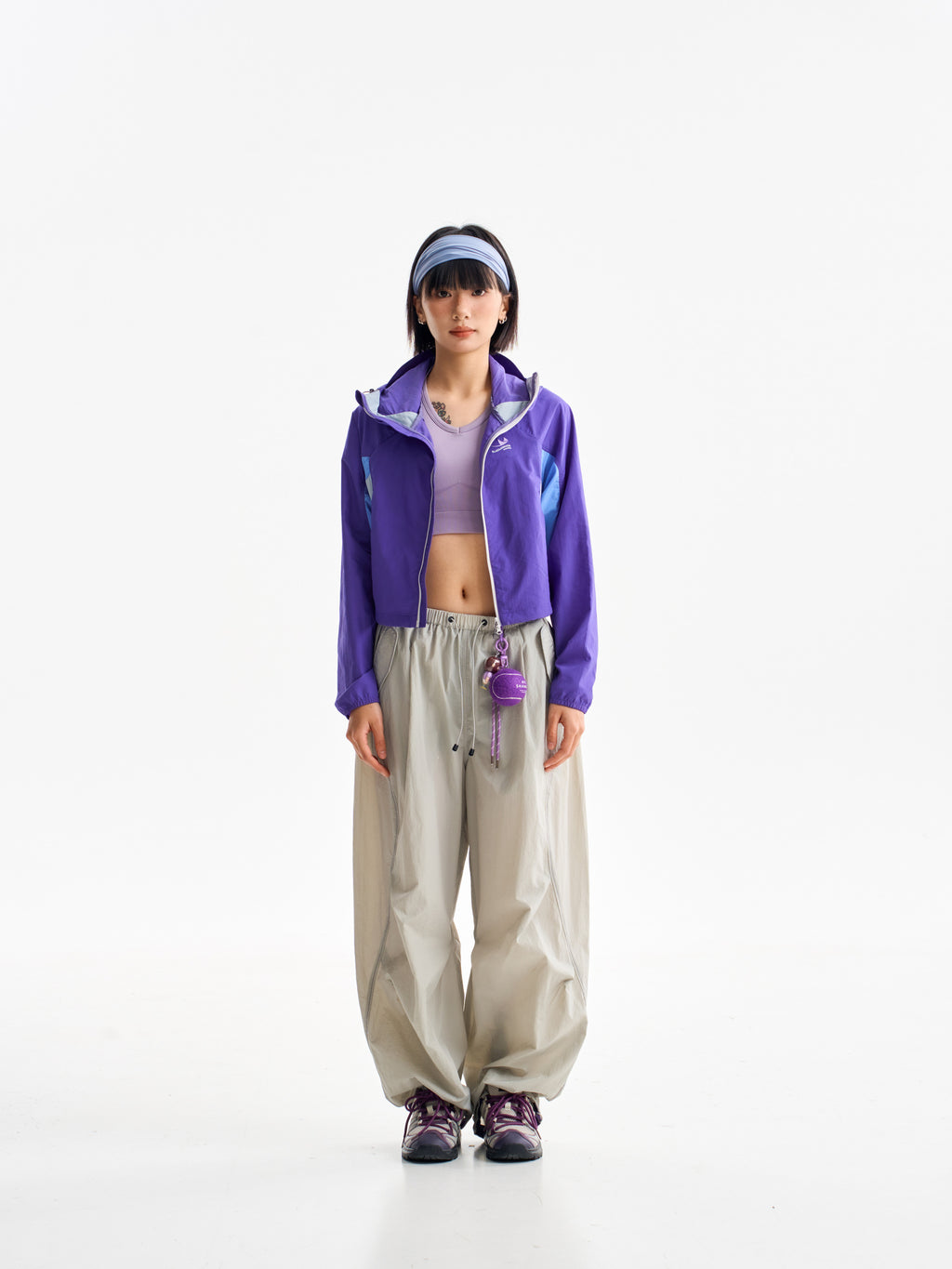Light Gray hiking pants — front view showing the long drape and gathered ankles