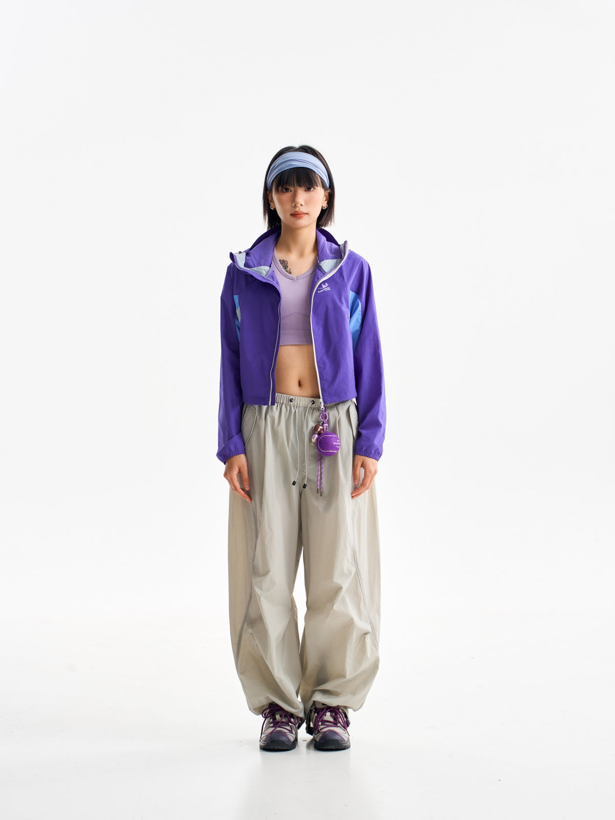Light Gray hiking pants — front view showing the long drape and gathered ankles
