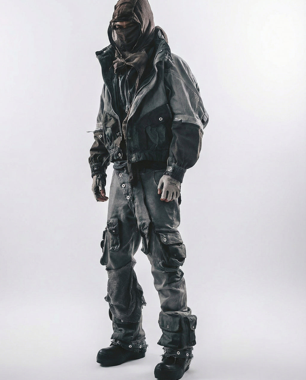 Distressed Spiderweb Flared Cargo Pants Techwear